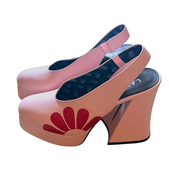 LaModa x Dolls Kill “you’re the one” platforms slingback heels pink red flower - Picture 6 of 9